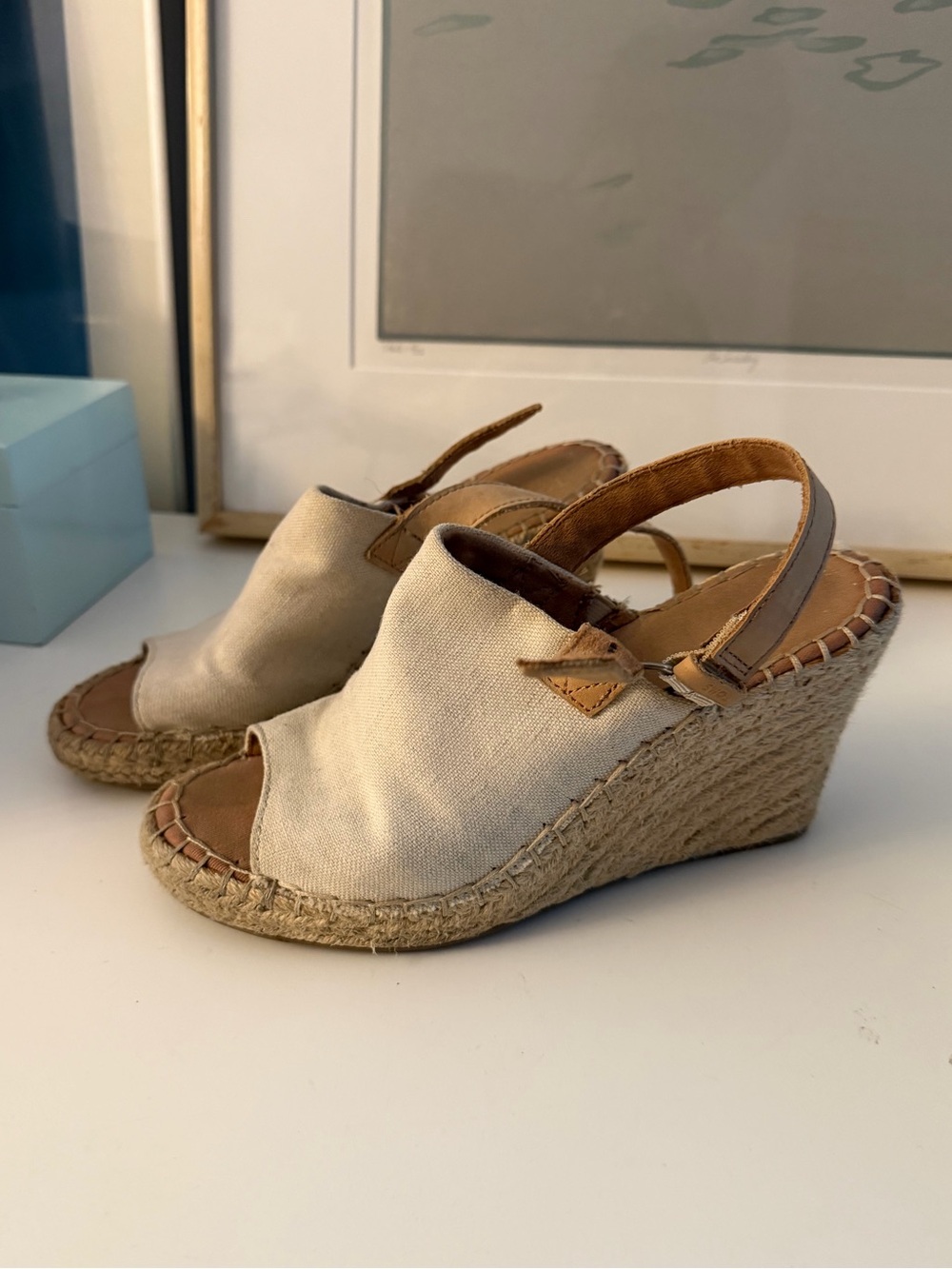 Toms Cream Canvas Espadrille Wedge Sandals